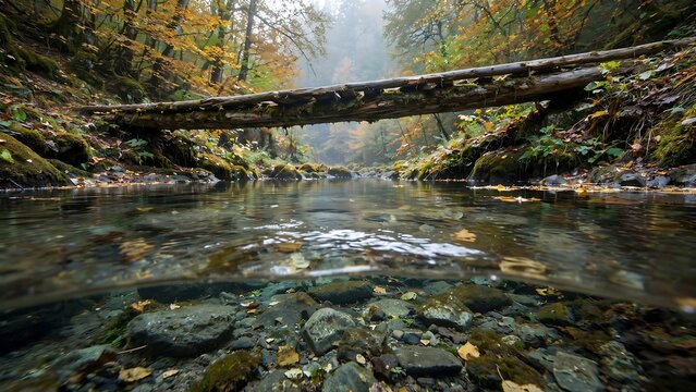 Half submerged perspective of forest stream with wooden bridge in misty autumn atmosphere. Calm nature scene perfect for relaxation visuals.
