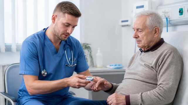 Male Nurse Measuring Blood Oxygen Saturation and Heart Rate of Senior Patient Using Pulse Oximeter in Modern Hospital Clinic