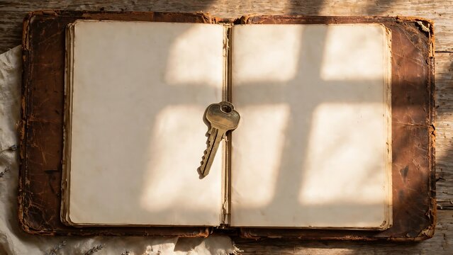 Vintage open book with blank pages and old key on top in warm sunlight. Nostalgic antique concept with copy space for storytelling