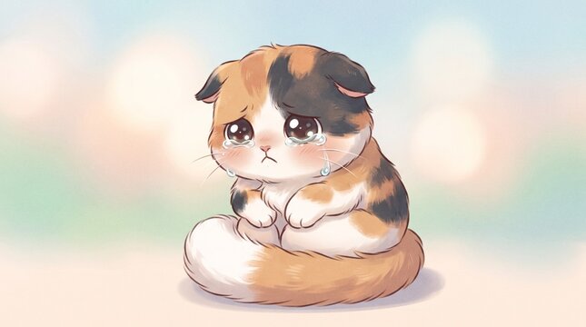 Adorable chibi cat sitting quietly with a sad and emotional expression, featuring large teary eyes and soft fluffy fur. Gentle pastel cartoon illustration suitable for emotional sticker.