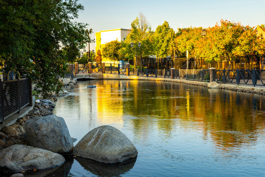 Mill Creek flows through park at sunset Bakersfield