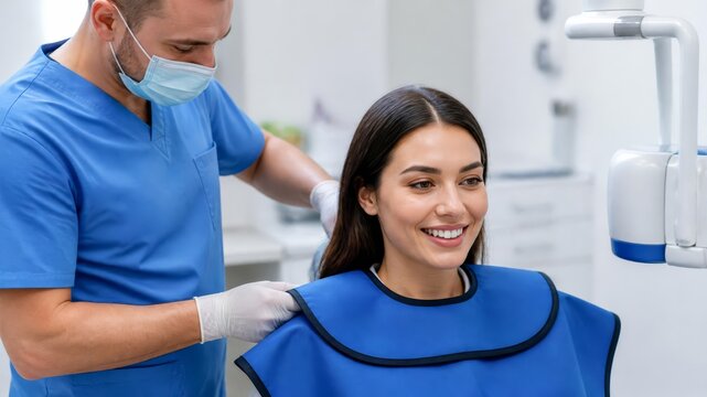 Professional Dentist Placing Lead Apron on Female Patient for Dental X-ray Procedure