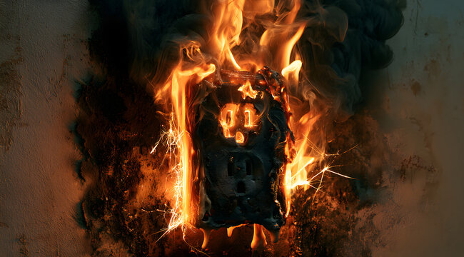 A close inspection of an electrical outlet ablaze reveals severe burns and a heightened risk of electrical fire.