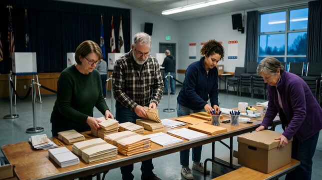 Group of volunteer election poll workers processing paperwork at table with election volunteers democracy community paperwork procedure