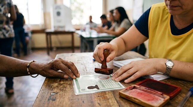 Election official stamping ballot identification card at polling station with election stamping identification democracy registration