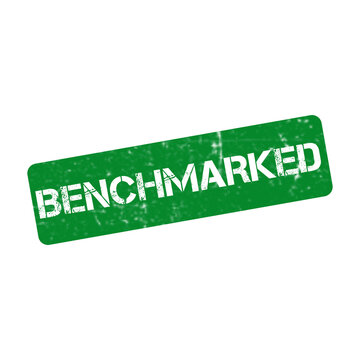 Benchmarked green rubber stamp on white background, distressed benchmarked grunge seal, business performance standard icon