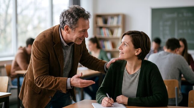 University professor having consultation with student in classroom setting professor education classroom university consultation