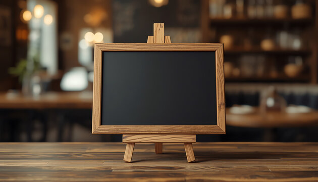 Blackboard menu with easel on wooden table with blur restaurant background, Copy space for adding your content