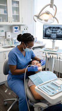 Dental hygienist performing professional teeth cleaning on patient with hygienist cleaning dentistry treatment appointment equipment
