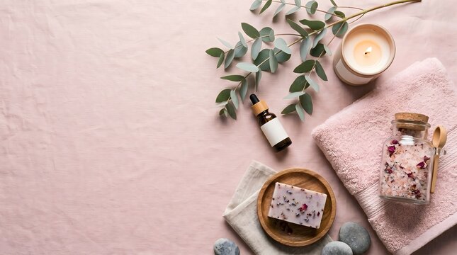 Natural spa and beauty treatment set with essential oil soap and salt scrub essential treatment skincare wellness cosmetic eucalyptus