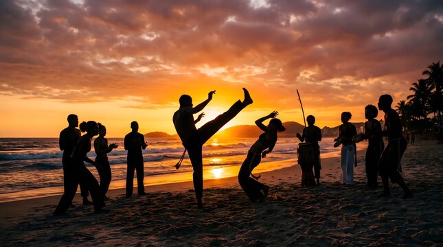 Group of people practicing capoeira martial arts on the beach at sunset with capoeira exercise training movement lifestyle outdoors