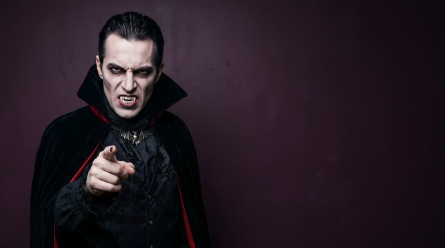 Man in vampire costume pointing at camera on dark background with halloween pointing character fictional creature menacing theatrical