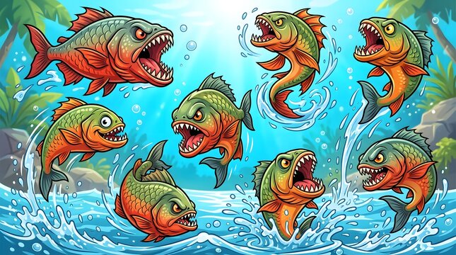 Angry piranha cartoon fish jumping in blue tropical water