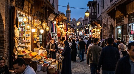 Naklejka premium Middle Eastern Bazaar Market Street Dusk Lanterns Spice Stalls Traditional Merchant Atmospheric Travel 