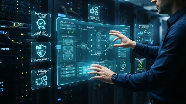 IT manager interacting with holographic enterprise software management portfolio interface for digital application lifecycle and corporate technology management solutions.