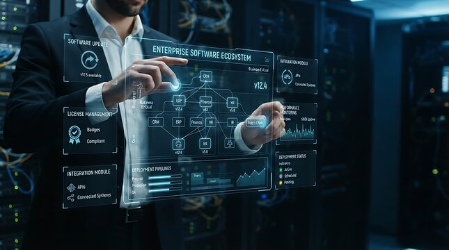 IT manager interacting with holographic enterprise software management portfolio interface for digital application lifecycle and corporate technology management solutions.