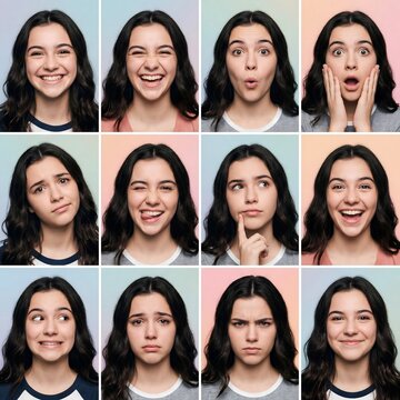 Young woman showing multiple facial expressions in emotion collage