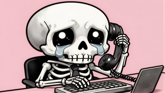 Sad skeleton works at desk, crying while talking on phone and typing.