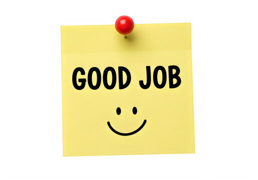 Yellow sticky note with good job text and a happy smiley face icon isolated on transparent background