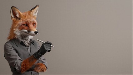 Naklejka premium A fox in a suit holds a pen, poised for thought against a plain background.
