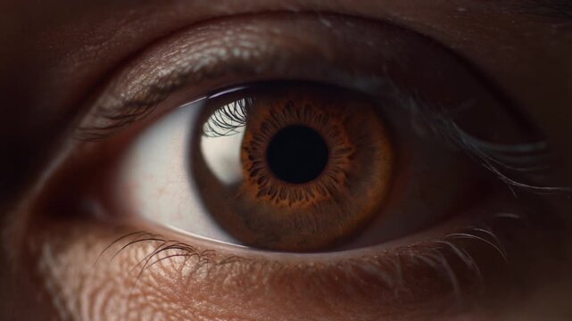 Extreme macro footage of a single beautiful healthy human dark chocolate-brown eye with deep natural pigmentation for national eye exam month