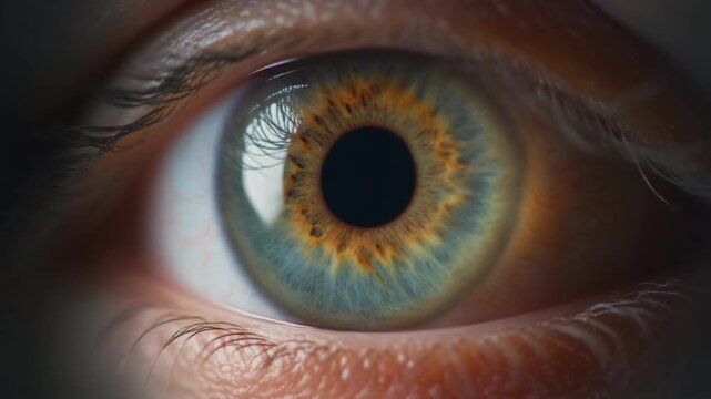Extreme macro footage of a single beautiful healthy human warm hazel eye with natural golden-brown patterns for national eye exam month