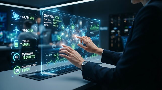 Energy manager interacting with holographic smart energy management interface for enterprise renewable energy monitoring and digital sustainability performance solutions.