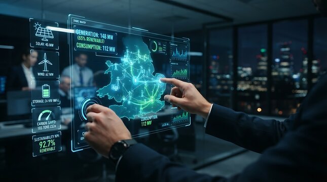 Energy manager interacting with holographic smart energy management interface for enterprise renewable energy monitoring and digital sustainability performance solutions.
