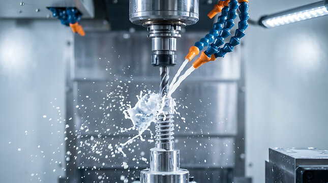 Industrial CNC milling machine cutting metal part with liquid coolant spray, representing precision manufacturing and automated engineering production.
