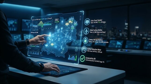 Energy manager interacting with holographic smart energy management interface for enterprise renewable energy monitoring and digital sustainability performance solutions.