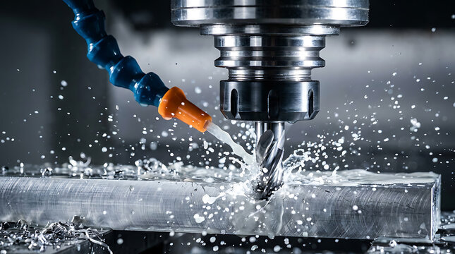 Industrial CNC milling machine cutting metal workpiece with liquid coolant spray, representing precision engineering and manufacturing technology.