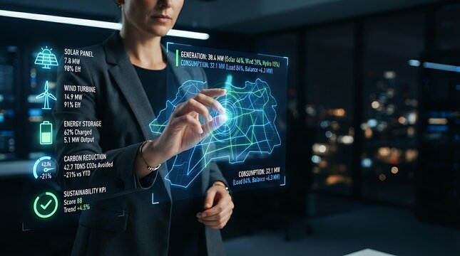 Energy manager interacting with holographic smart energy management interface for enterprise renewable energy monitoring and digital sustainability performance solutions.