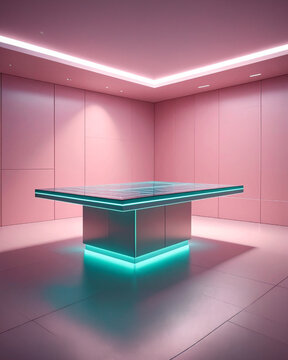 Phygital retail showroom design. High tech interactive display table podium. Integrated cyan and pink LED lighting system. Minimal futuristic corporate architecture. Innovation tech center experience.