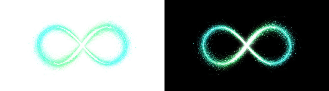 Interlocking infinity loop glyph composed of particle light trails, luminous energy swirl cutout with real transparency