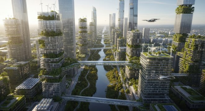 Futuristic cityscape emphasizing carbonneutral construction and harmonious coexistence with nature.