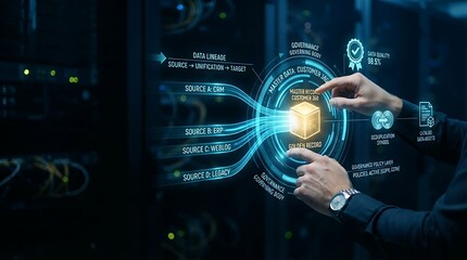 Obraz premium Data architect interacting with holographic master data management interface for enterprise data unification and digital data quality governance solutions.