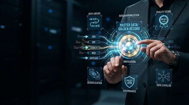 Data architect interacting with holographic master data management interface for enterprise data unification and digital data quality governance solutions.