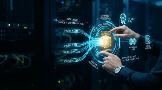 Data architect interacting with holographic master data management interface for enterprise data unification and digital data quality governance solutions.