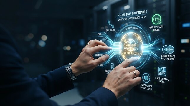 Data architect interacting with holographic master data management interface for enterprise data unification and digital data quality governance solutions.