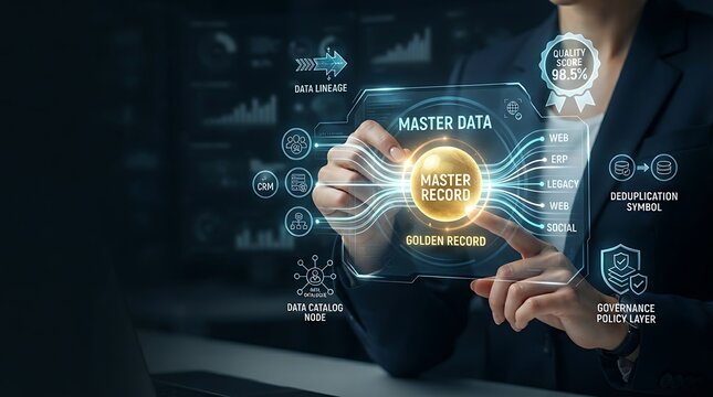 Data architect interacting with holographic master data management interface for enterprise data unification and digital data quality governance solutions.
