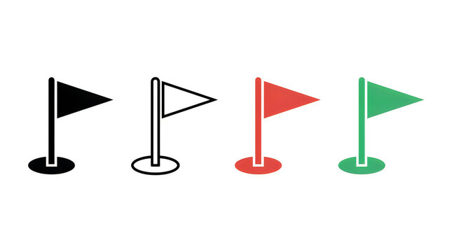 Four colorful flags on poles icon set