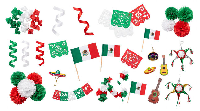 Mexican Independence Day Festive Elements Set with Flags, Papel Picado and Decorations