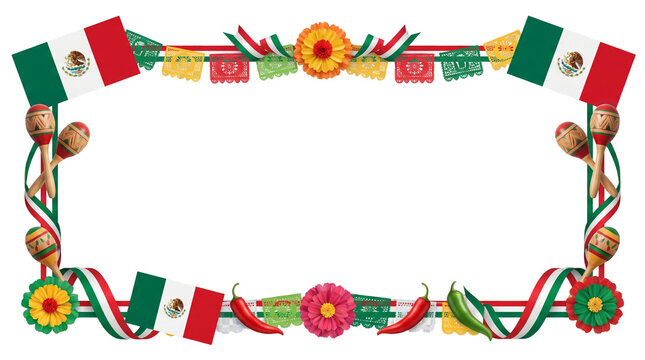 Mexican Independence Day Celebration Frame with Flags, Flowers and Festive Decorations