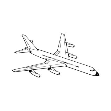 Line drawing of a four engine jet airplane. Detailed line art drawing of a large four-engine cargo aircraft in an isometric view, showing outlines of the fuselage, wings, engines, and landing gear.