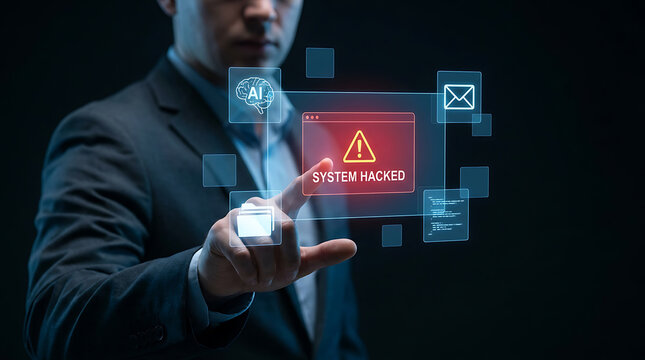 Businessman interacting with digital interface showing a system hacked warning, representing cybersecurity threat, data breach and information security protection.