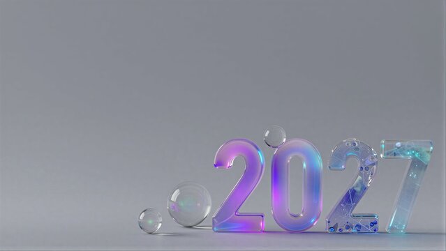 Glassy 2077 numbers with bubbles, futuristic design on neutral background.