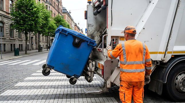 Sanitation worker operating a garbage truck to empty a blue waste container on a city street.