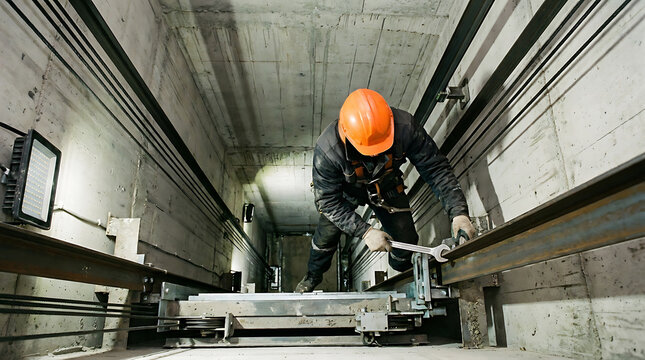 Elevator technician working on mechanical rails with a wrench inside a shaft, representing maintenance, inspection and industrial engineering.