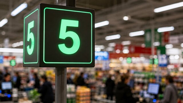 Glowing green number five sign above a supermarket checkout lane.