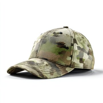 Camouflage baseball cap angled, light tan and green